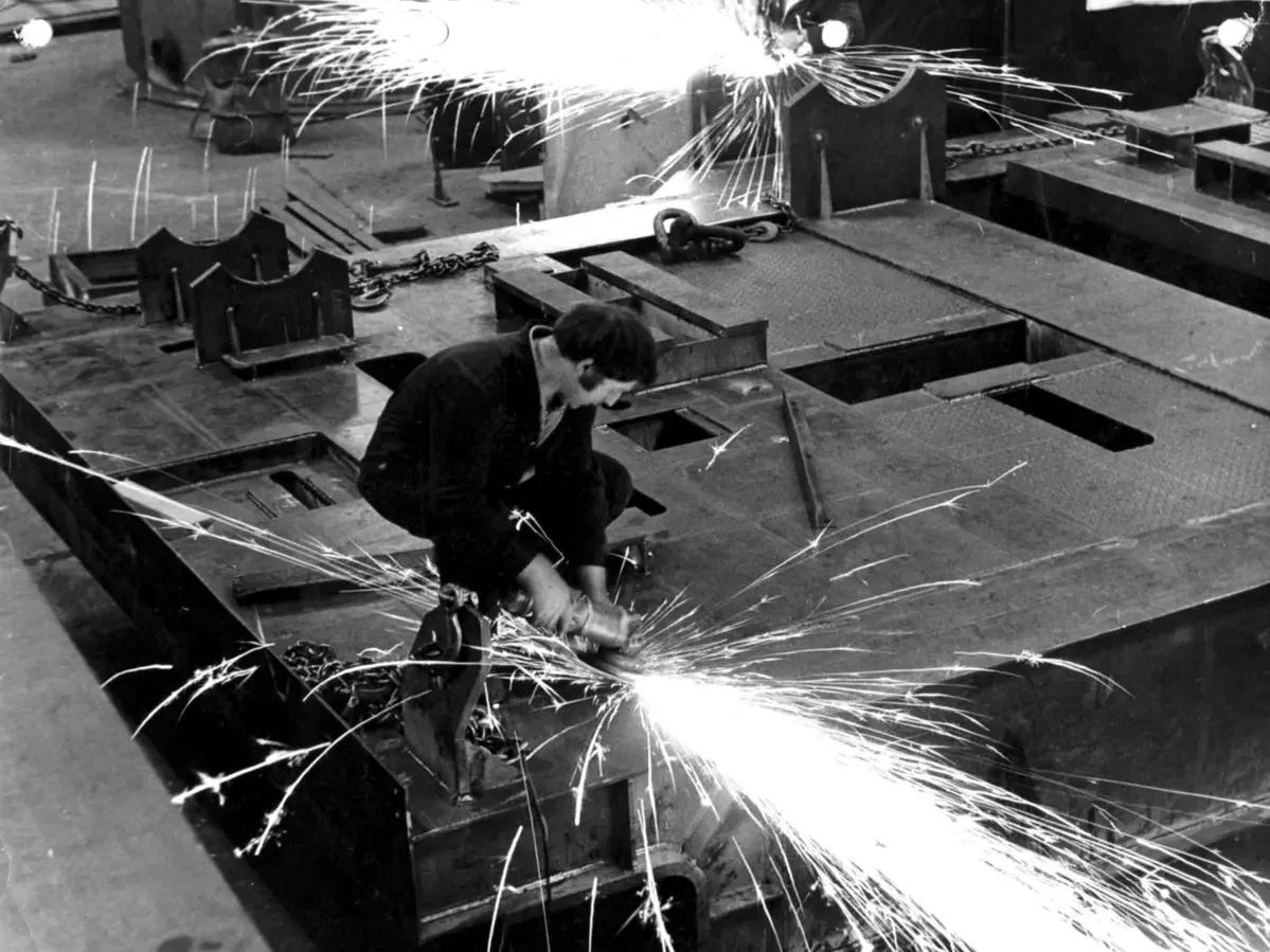 Welder performing precision steel fabrication at Aldridge Fabrications (AF) workshop in Staffordshire