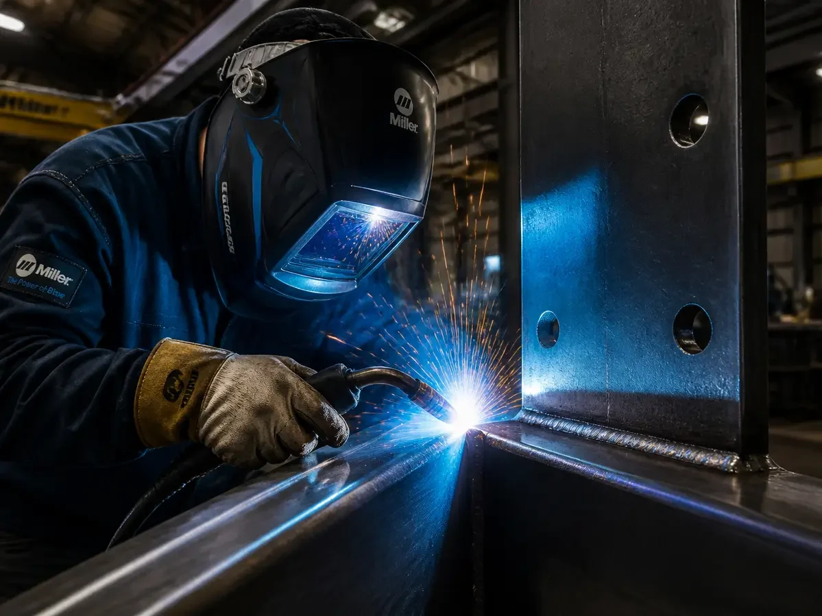 A professional coded welder at Aldridge Fabrications working on a structural steel joint with a brilliant welding arc and sparks.
