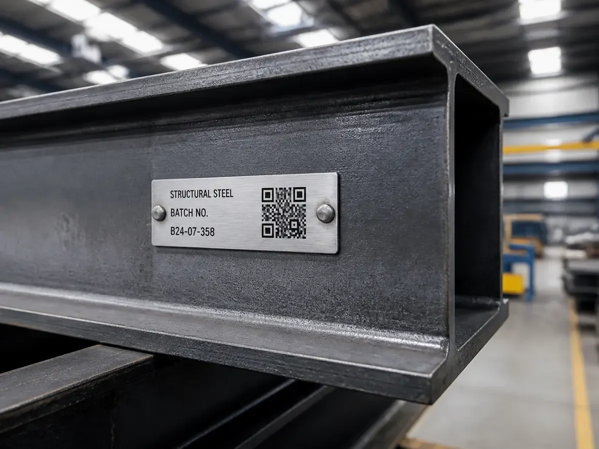 A structural steel I-beam with a metal identification tag and QR code for material traceability at Aldridge Fabrications.