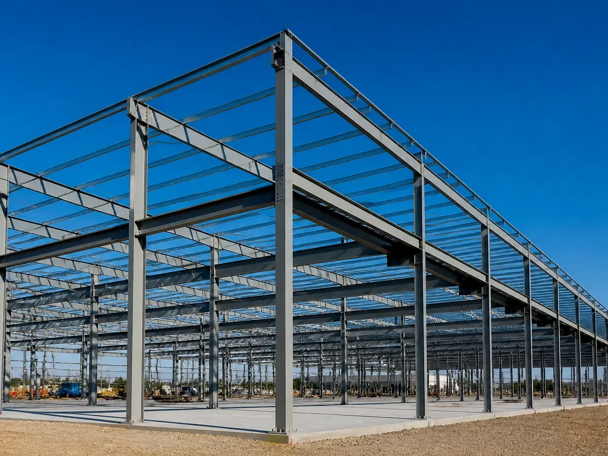 A wide-angle shot of a massive commercial warehouse structural steel frame under construction against a clear blue sky.